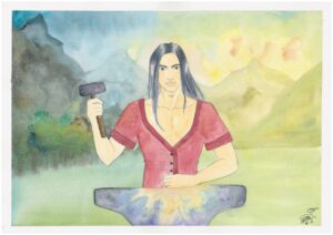 Acuarela de un elfo de pelo negro trabajando con un martillo y un yunque, en un paisaje montañoso