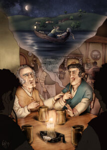 Acuarela de dos hobbits en una taberna, charlando entre cervezas, y se ve que están hablando de un viaje en barca por el río