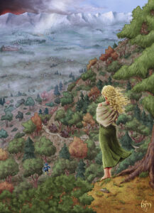 Dibujo de una mujer rubia observando a lo lejos a unas personas alejarse por un camino entre árboles, con montañas al fondo