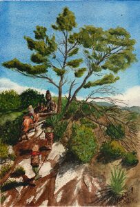 Dibujo de unas personas subiendo una colina bajo un cielo azul, ayudados por un poni